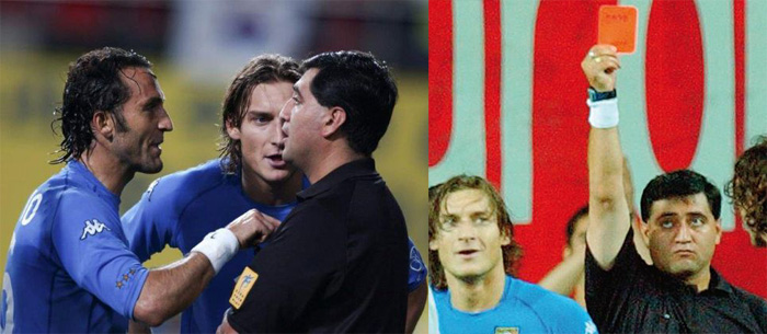 2002 L’espulsione di Totti dai campionati di Corea-Giappone, per scorretta mano di Byron Moreno che sventola insistente il cartellino rosso.