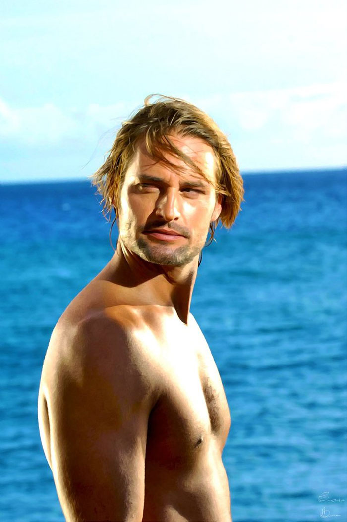 L’eccitante Sawyer (Josh Holloway) esibisce i madidi bicipiti in Lost  