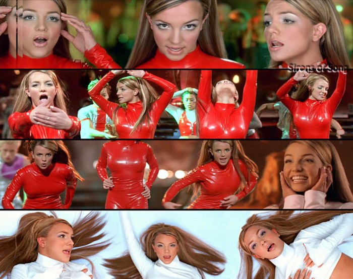 Ci siete: stesse mossette, pettinatura spiccicata e inquadrature che sfiorano il plagio di uno dei video iconici degli anni zero, Oops!... I Did It Again di una Britney Spears esploratrice cosmica in stile Barbarella. Ecco, lo screenshot-confronto. Che ne pensate?