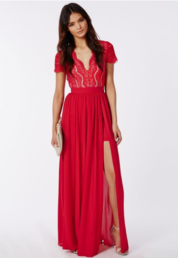 Ralona Red Lace Maxi Dress With Double Split $85.48 su missguidedus.com