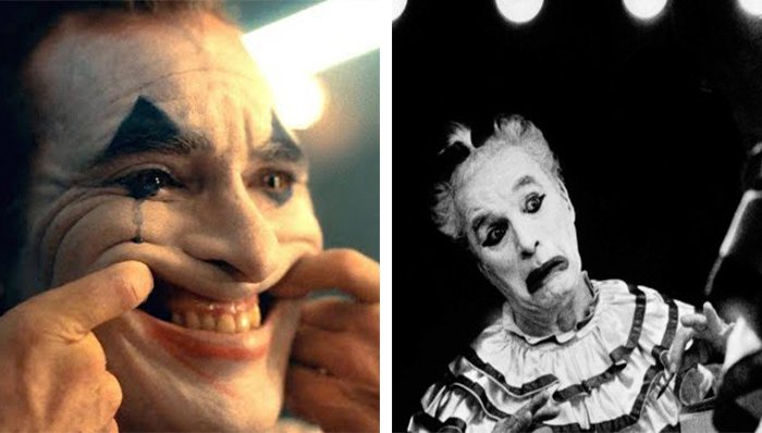 Joaquin Phoenix in Joker (2019) e Charlie Chaplin ne Le Luci della Ribalta (1952)